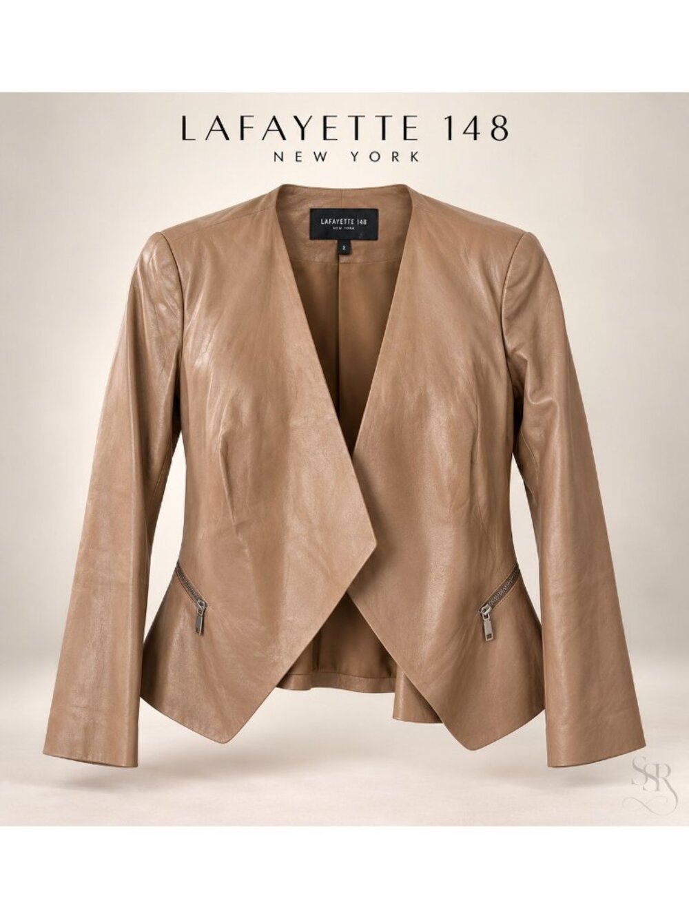Lafayette 148 New York Tan Genuine Leather Open Front Jacket Size 2